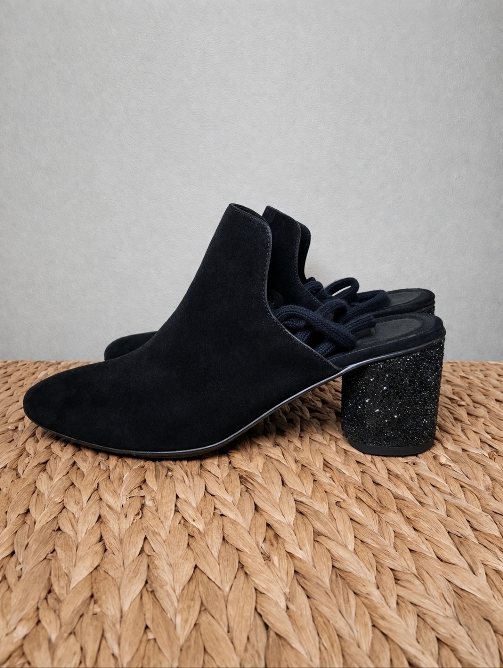 Free People Sparkler Mule Glitter Heel Black Suede Lace Back Block Heel Size 40